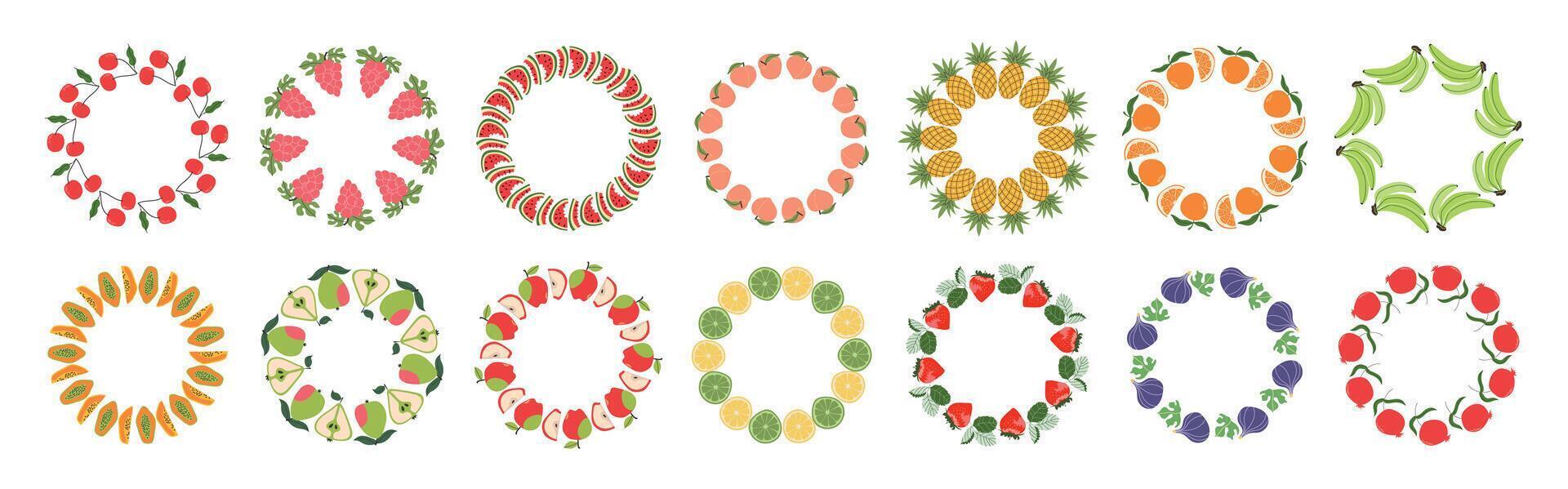 Fruit frame set. Assorted fruit design template, copy space. Cute hand drawn fruit frames in doodle style. Round template. Hand drawn fruits circle border. vector