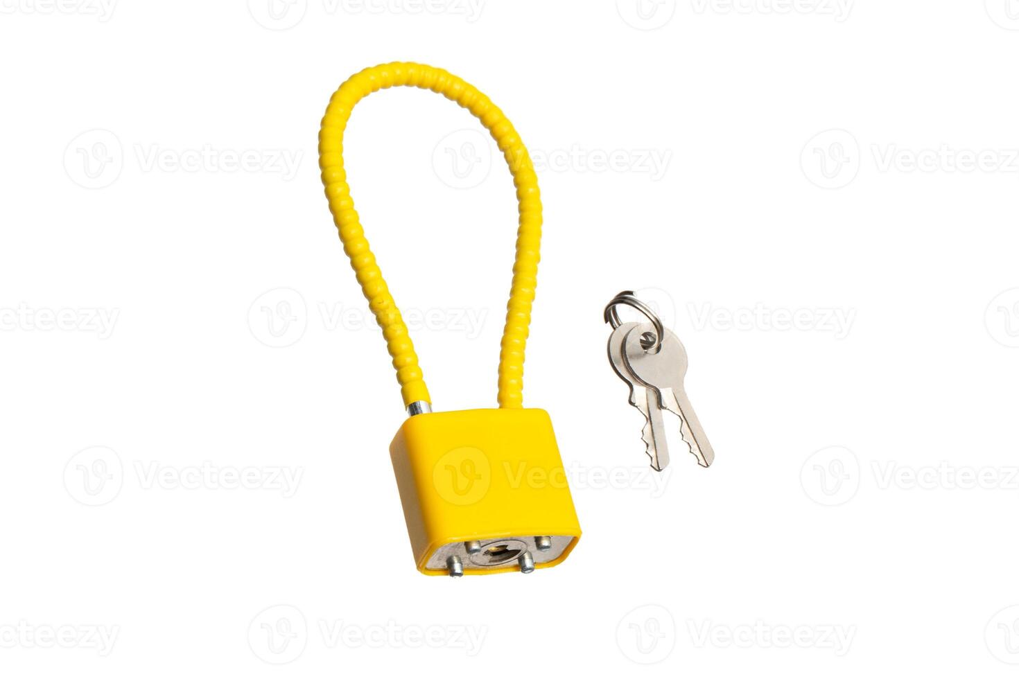 Bright yellow loop lock with two keys on white back photo