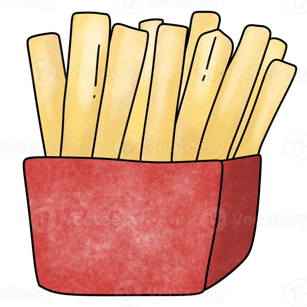 Crispy golden french fries in red color box png