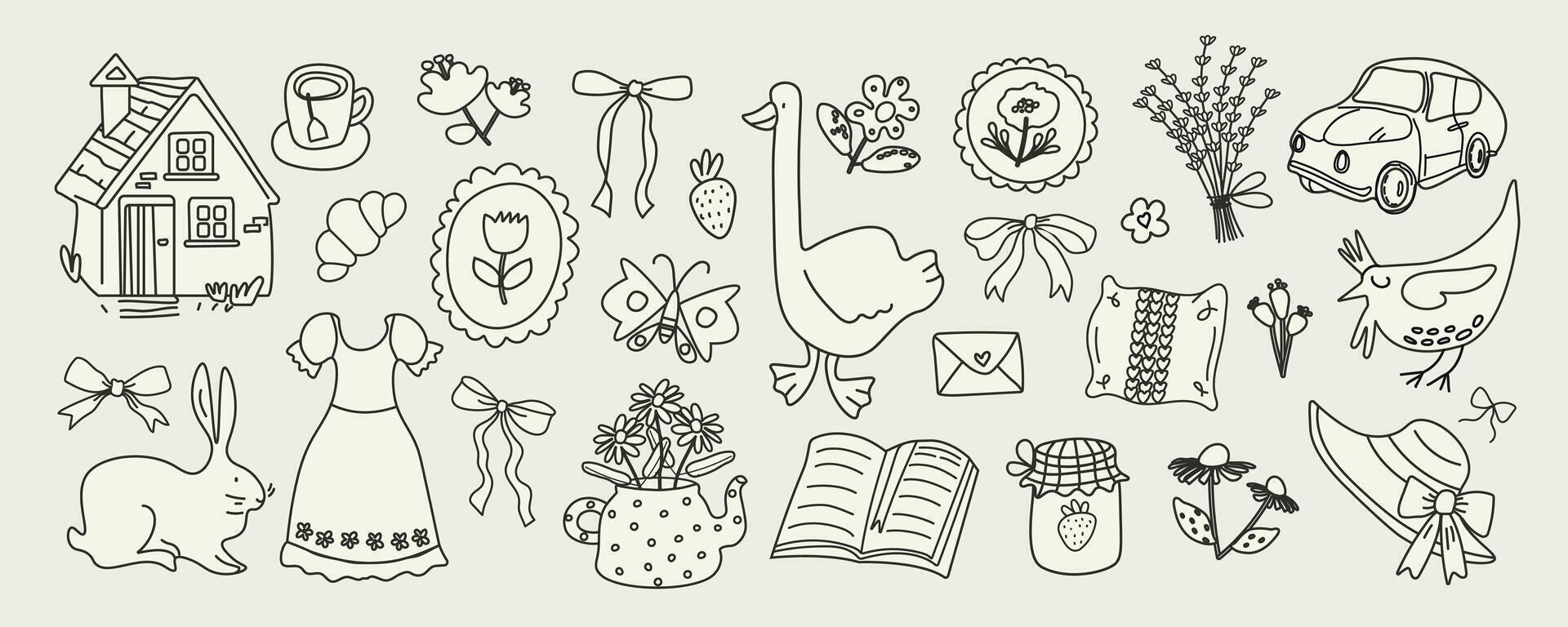 Cute vintage cottagecore elements in hand drawn sketch style. Line art of flowers, bows, barn, goose, butterfly, strawberry. Rustic countryside lifestyle. Illustration for farm, garden, nature. vector