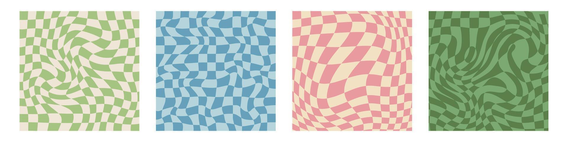 Groovy 70s hippie backgrounds featuring checkerboard,mesh, and wavy patterns.Gingham wallpaper collection, perfect for print templates. Retro 60s and 70s psychedelic design. vector