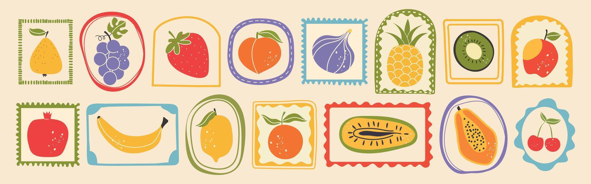 Summer fruit set. Hand drawn berry and fruit. Retro look with charcoal line. Fresh lemon, apple, orange. Fun stamp, cute logo, bold print. Doodle for cards, wrap, label or shirt vector