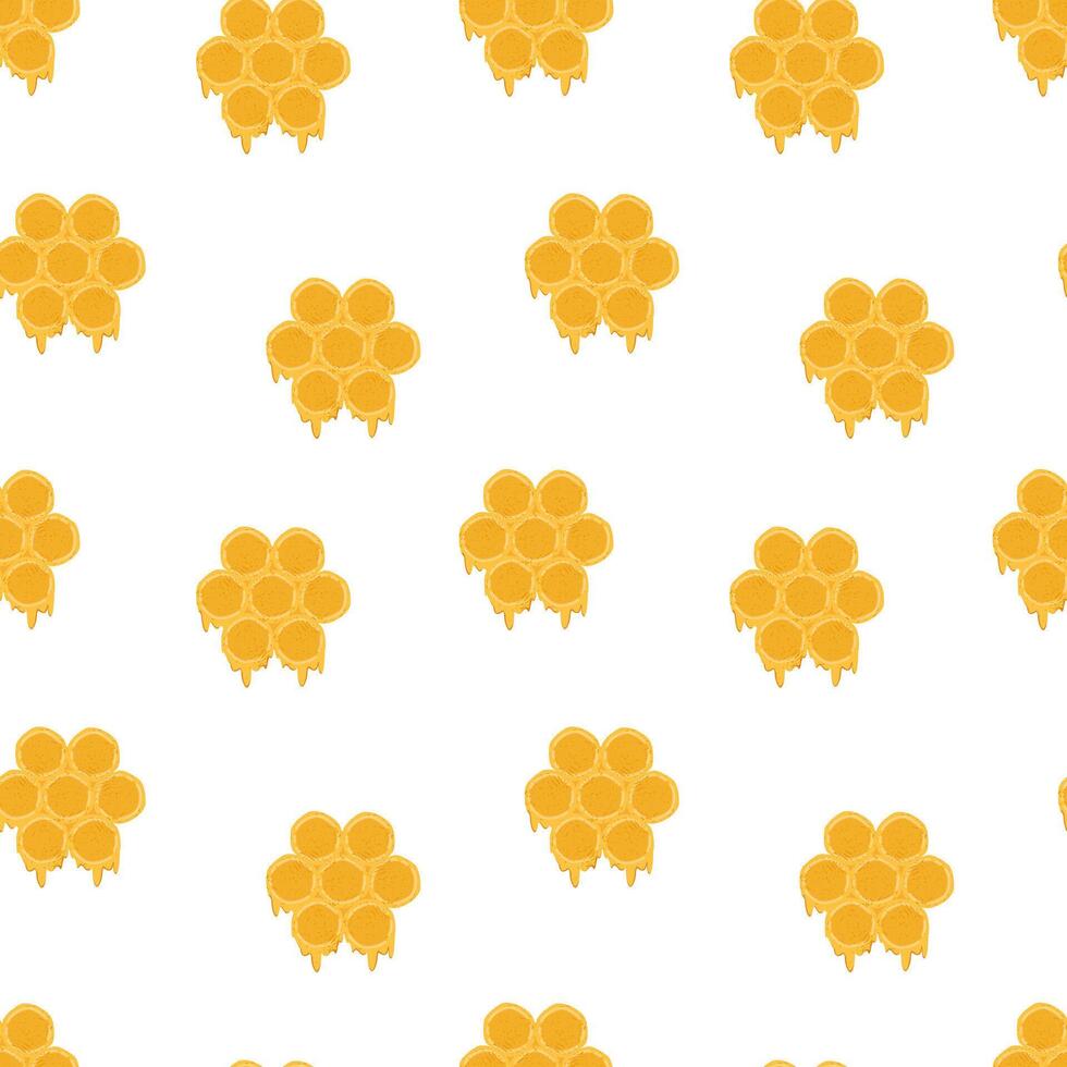 Seamless pattern with large honeycombs with honey flowing down, hand drawn with trendy textures. Image for printing on wrapping paper and canvas, for kids, poster or banner vector