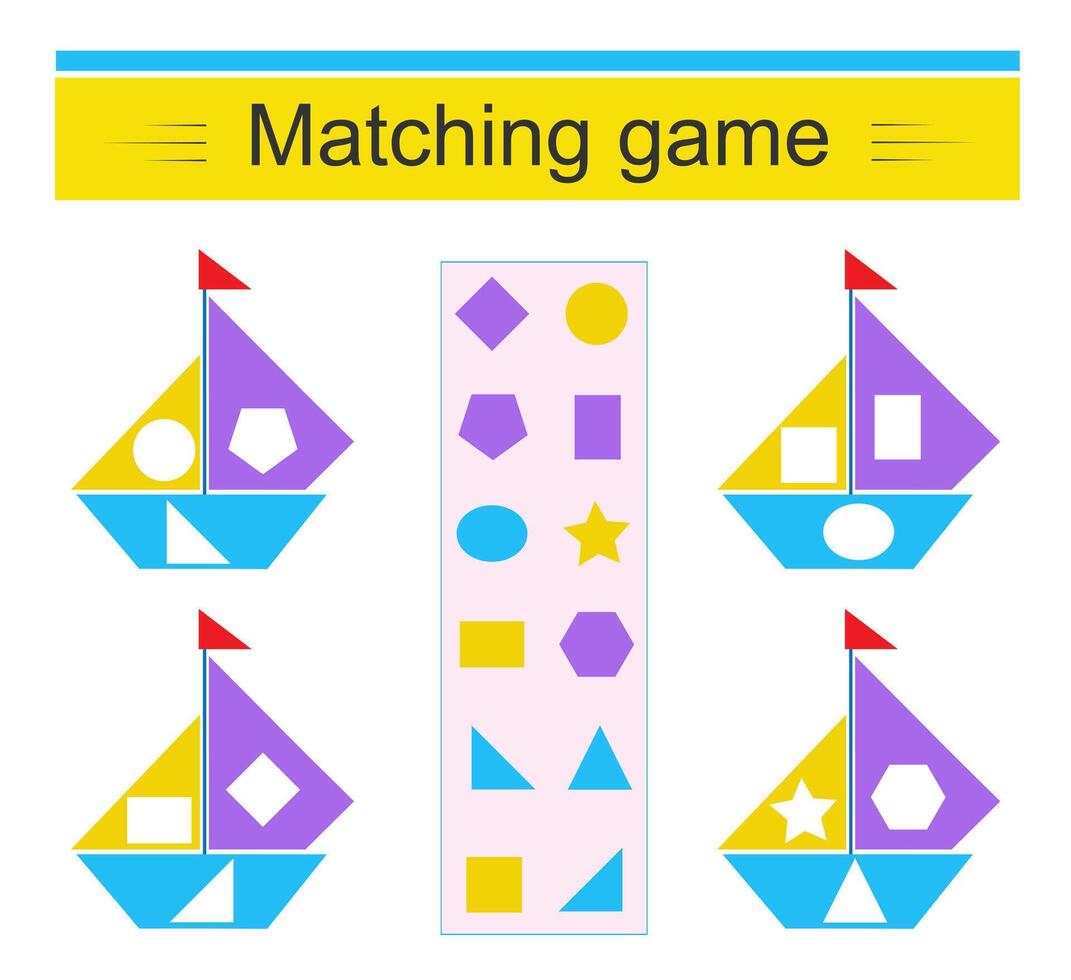 Matching game. Task for the development of attention and logic. Cartoon sailboat. vector