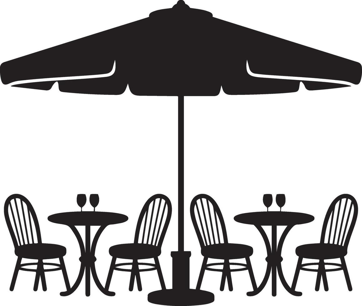 Black silhouette of patio furniture, umbrella, tables, chairs, wine glasses vector