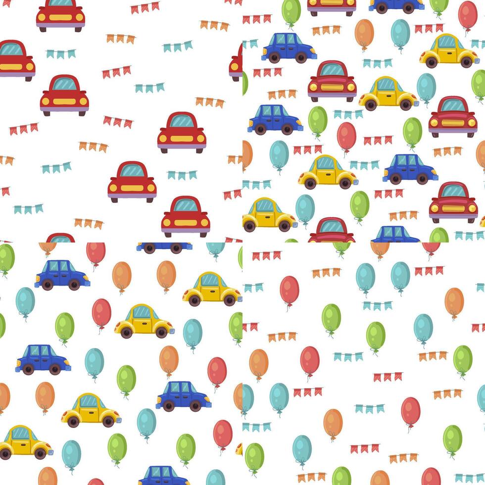 seamless pattern with children's drawing, print for children's textiles, decor and decoration of children's rooms and things, machines and balls for decorating a children's party and printing vector