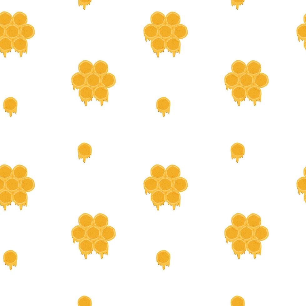 Seamless pattern with big honeycombs with honey flowing down and small honeycombs, hand drawn with trendy textures. Image for printing on wrapping paper and canvas, for kids, poster or banner vector