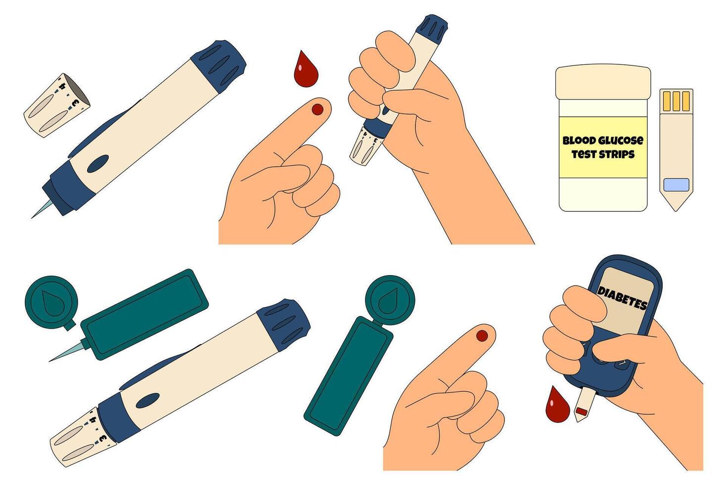 Set of diabetes testing and glucose monitoring with lancets, test strips, blood samples, and glucometer. Medical illustration isolated on white background. Concept of chronic illness and healthcare. vector