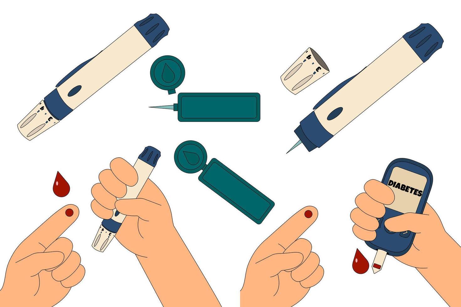 Set of diabetes blood sugar testing concept with lancet device, glucose meter, and finger for monitoring glucose levels. Flat medical illustration isolated. Chronic illness, healthcare. vector