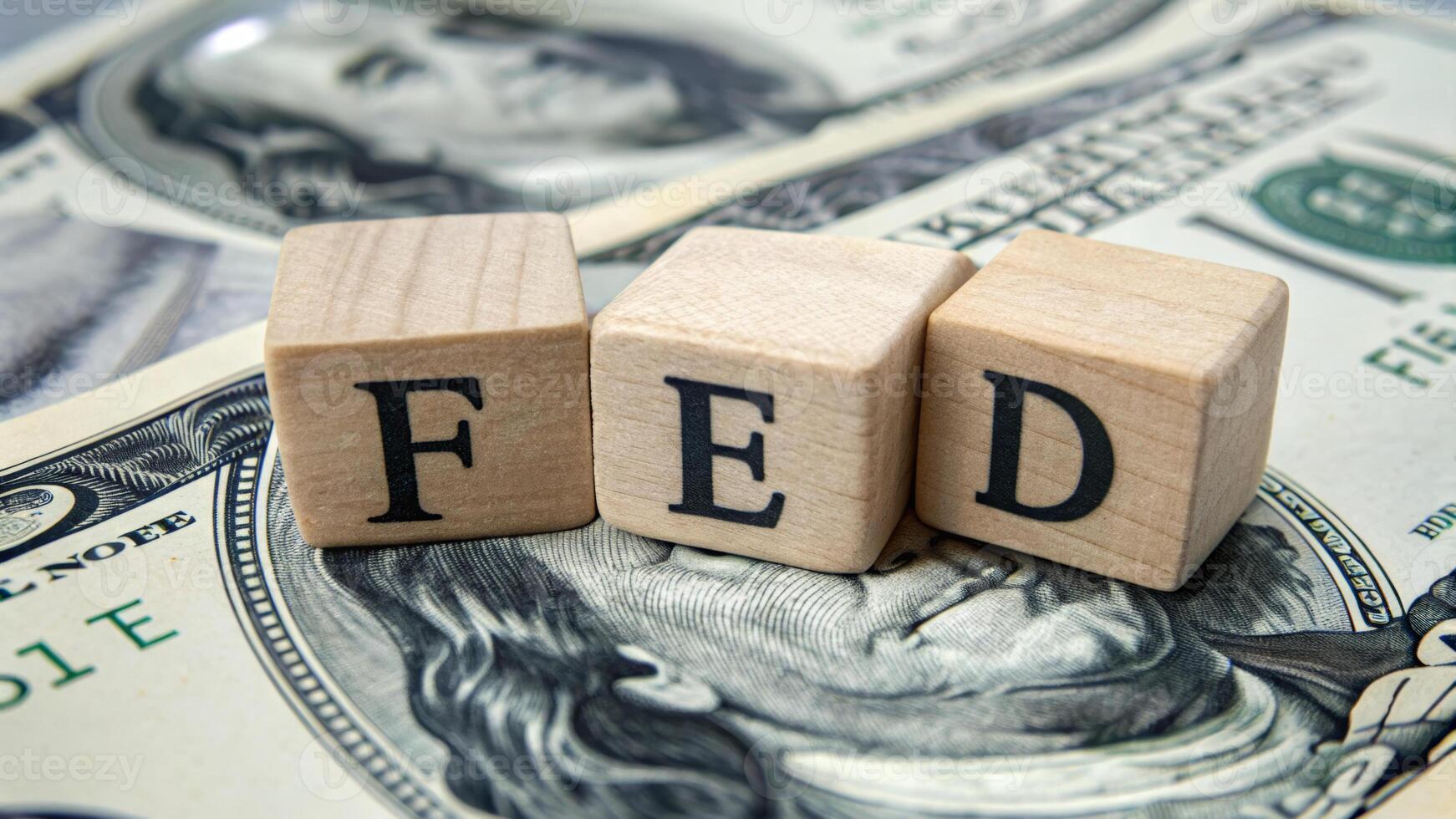 Inflation ,interest rates and global economy. FED wooden blocks, dollar bill, finance, monetary policy, inflation, interest rate photo