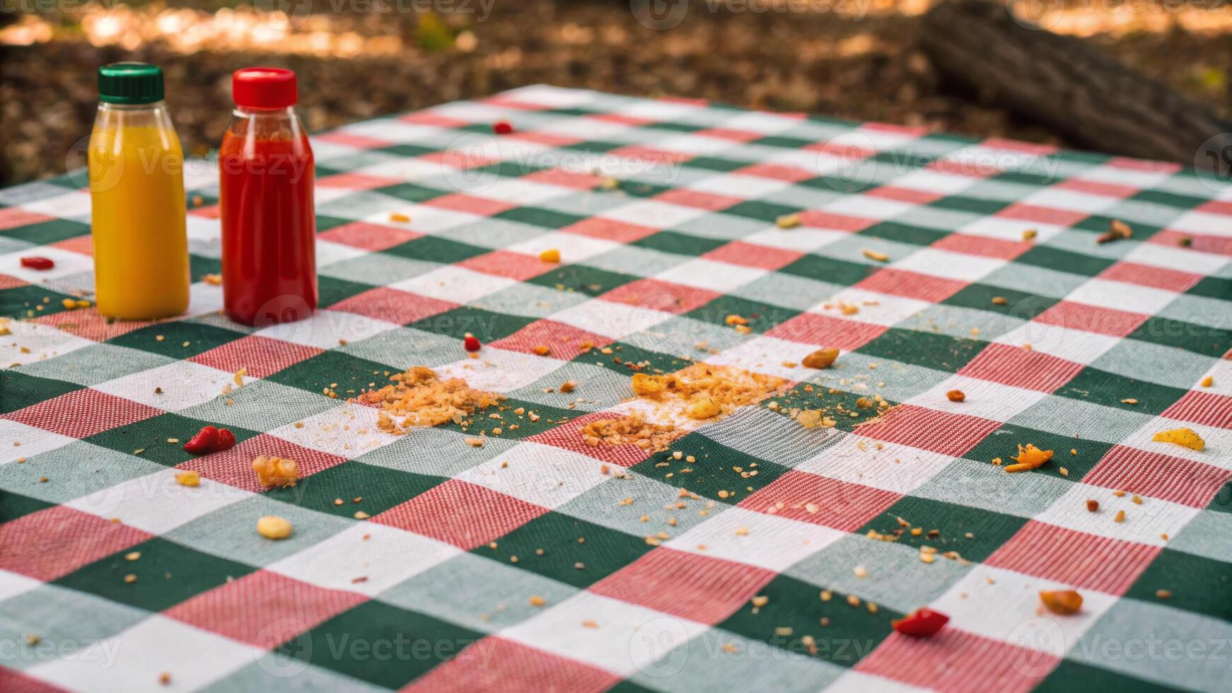 Independence day celebration. Picnic tablecloth with red and green checkered pattern, ketchup and mustard ,barbecue party outdoor, 4th of july gathering, family patriotic celebrating usa holiday photo