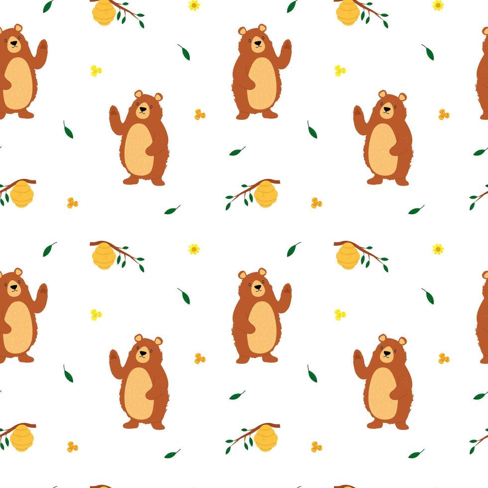 Seamless pattern with bear waving his paw, beehive with honey on a branch, flying leaves down and flowers hand-drawn with trendy textures. Image for printing on wrapping paper and canvas, for kids vector