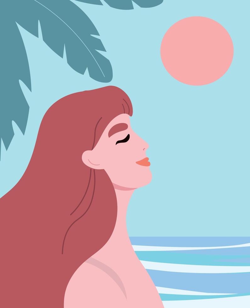 Woman enjoying sunset by the beach vector