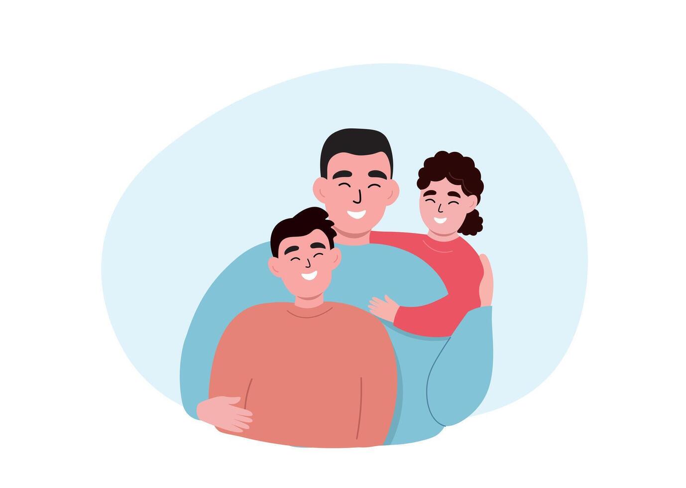 Father with his children together. Happy family, dad, son and daughter hug each other. flat graphics. vector