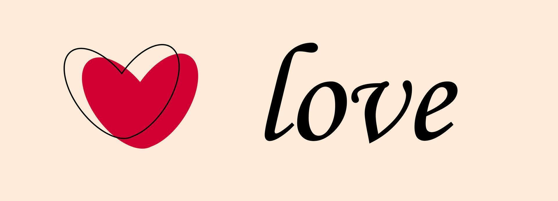 heart red and outline love text on pink background, vector
