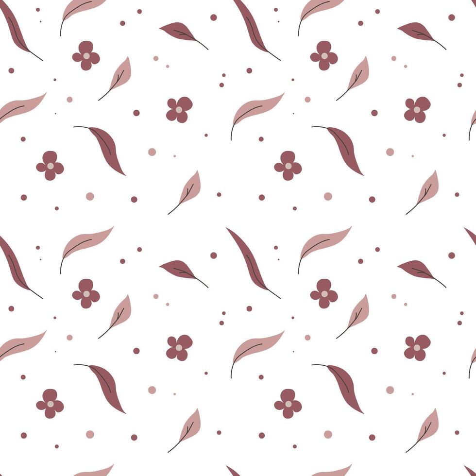Seamless Botanical Pattern with Pink Leaves and Flowers vector