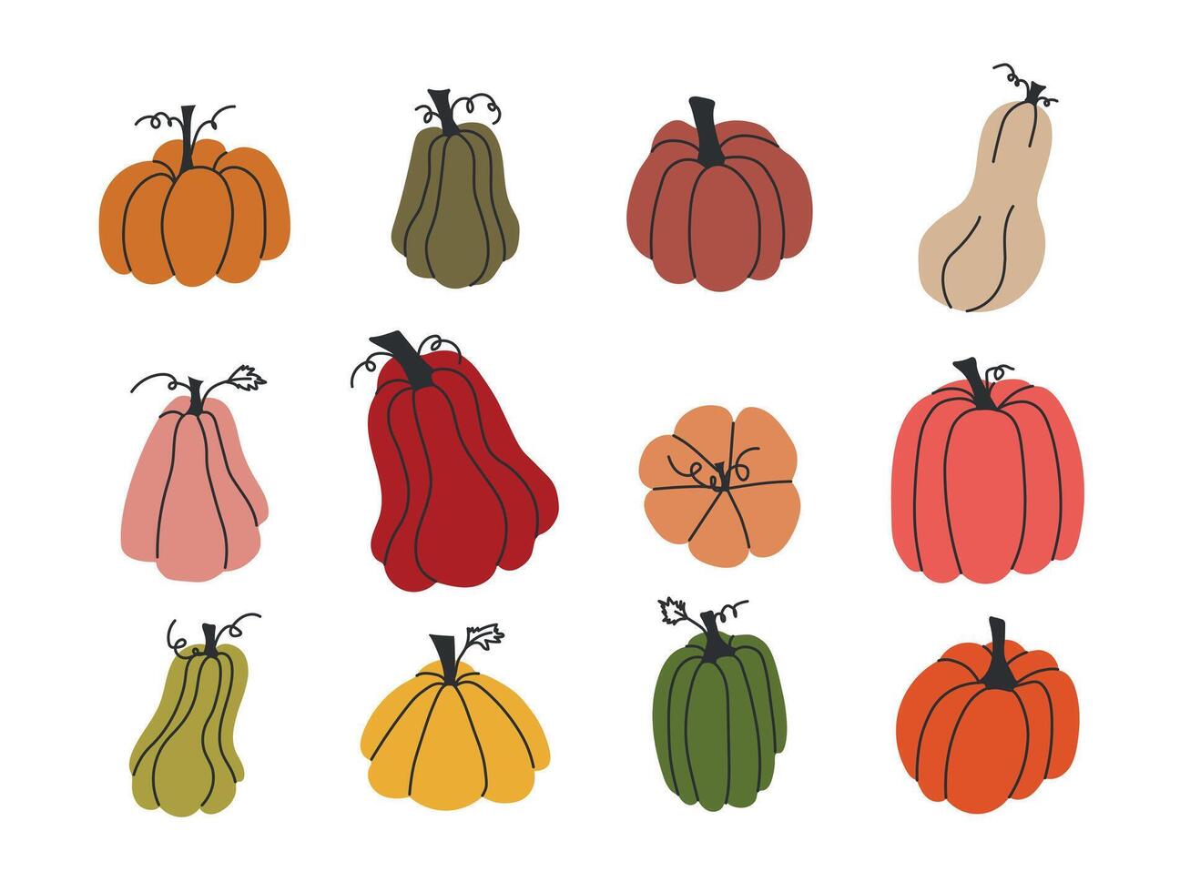 Collection of hand-drawn pumpkins and gourds in various shapes and colors with black stems, leaves, and vines in flat style on white background vector