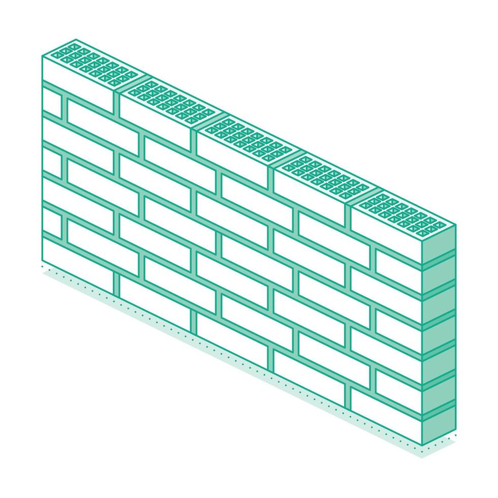 Isometric brick wall. Concept of construction, building structure, masonry, and architectural design with a pattern of rectangular bricks. Illustration. vector