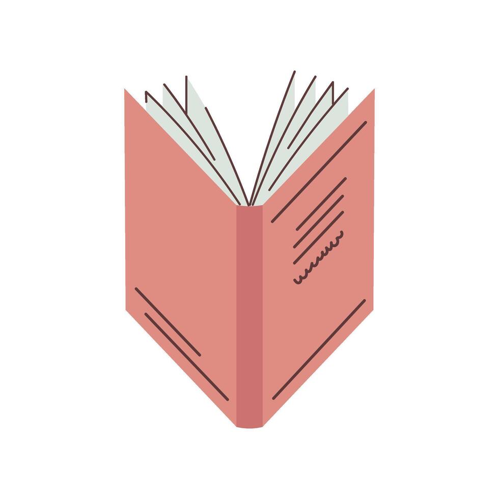 Isometric illustration of an open pink hardcover book with lined pages and minimal detailing, flat design on white background vector