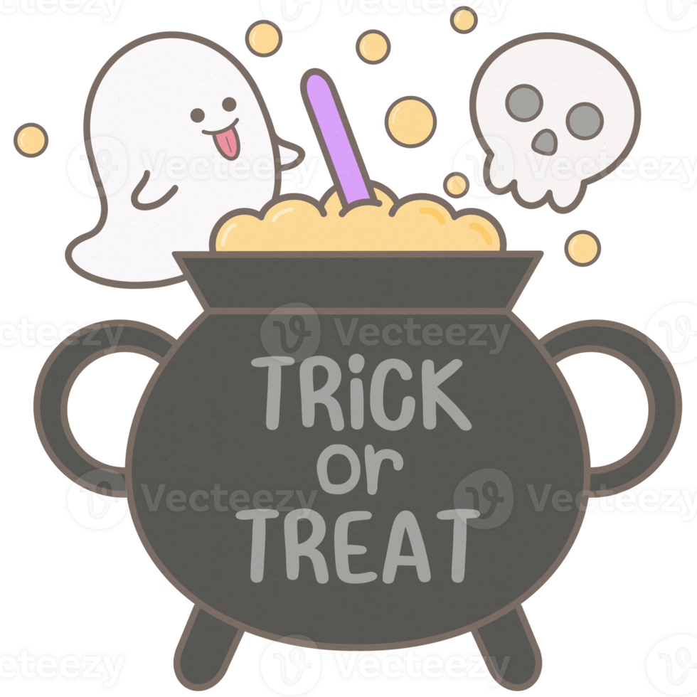 Cute happy halloween element witch cauldron with ghosts png