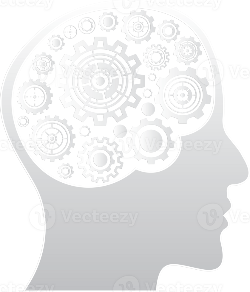 Human head shape with white gears. Concept of systematic thinking process, smart innovation for graphic design, creative idea. illustration png