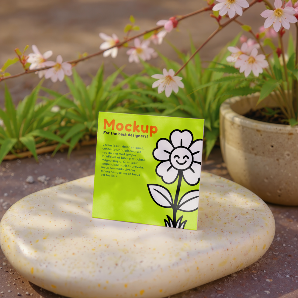 Mockup of a square card on top of a stone in a flower garden psd
