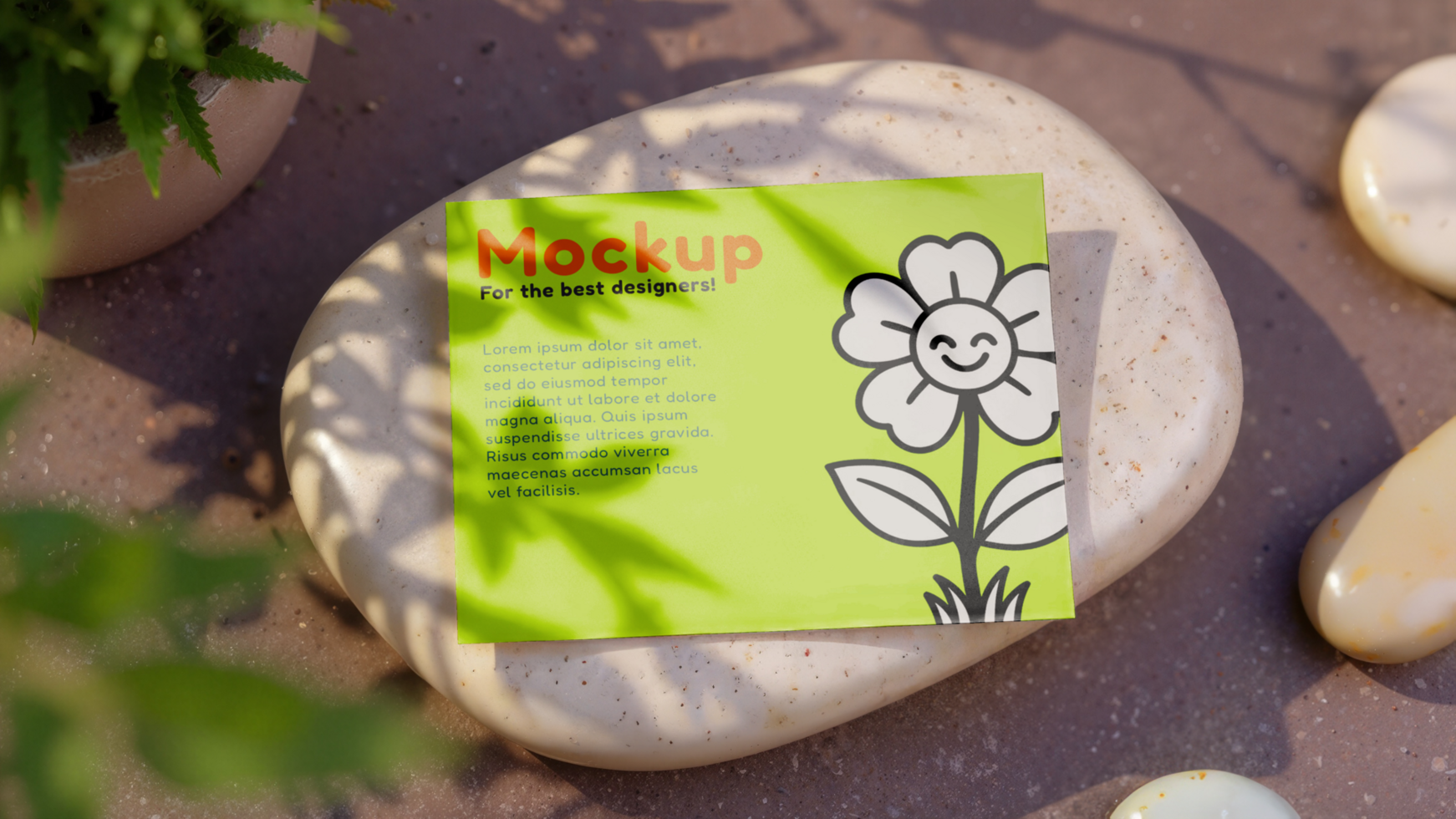 Rectangular card mockup on top of stone in a flower garden, top view psd