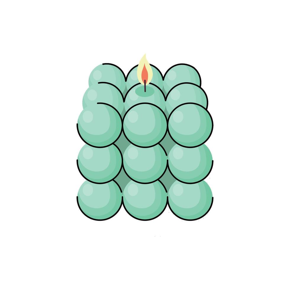 Green bubble candle with geometric spheres and lit flame in a modern cube shape on white background vector