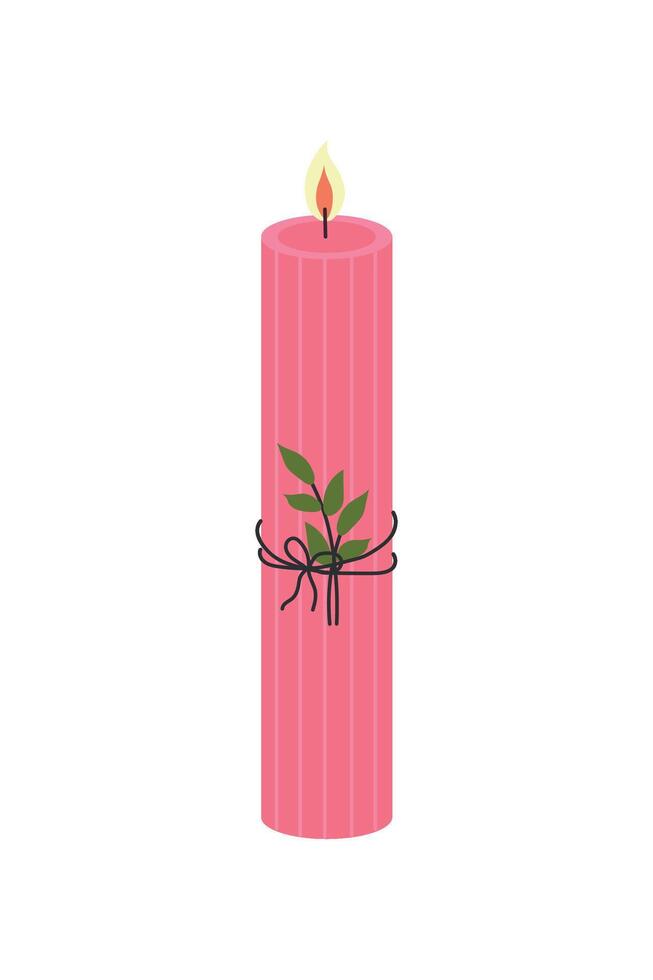 Tall pink candle with vertical line texture, green leaf tied with black string, and lit flame on white background vector