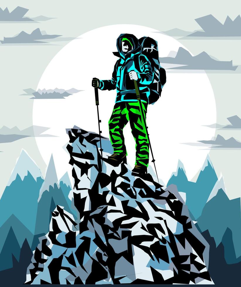 A Man on the top of the mountain looks at the beautiful landscape of the mountains.Climbing mountains. The concept of mountain tourism, hiking and travel vector