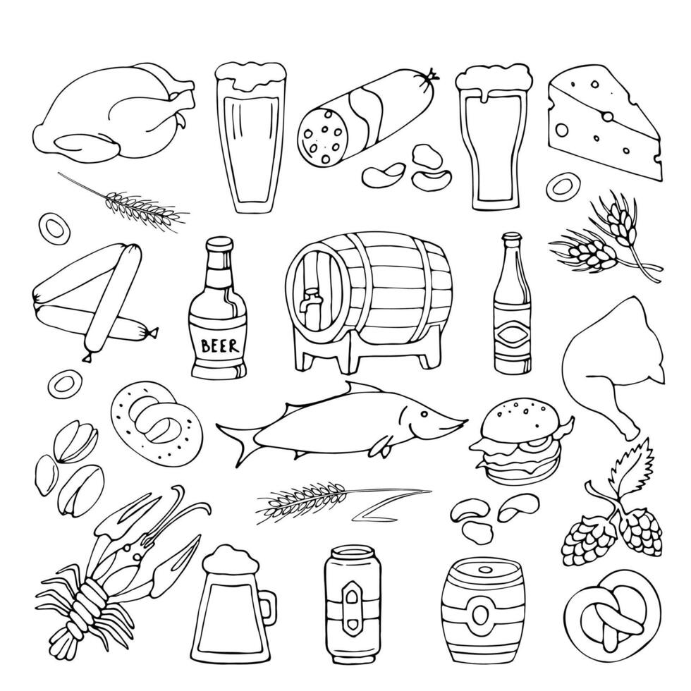 A set of hand drawn cartoon style beer and snack illustrations. vector