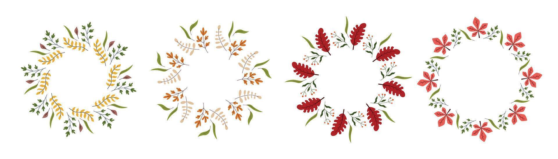 Set of four round autumn wreaths made of seasonal leaves in yellow, red, beige, and green tones arranged in botanical circular frames on white background vector