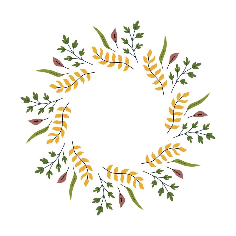Circular Botanical Frame with Fall Leaves. Wreath made of yellow, green, and brown leaves arranged in a circular botanical frame on white background vector