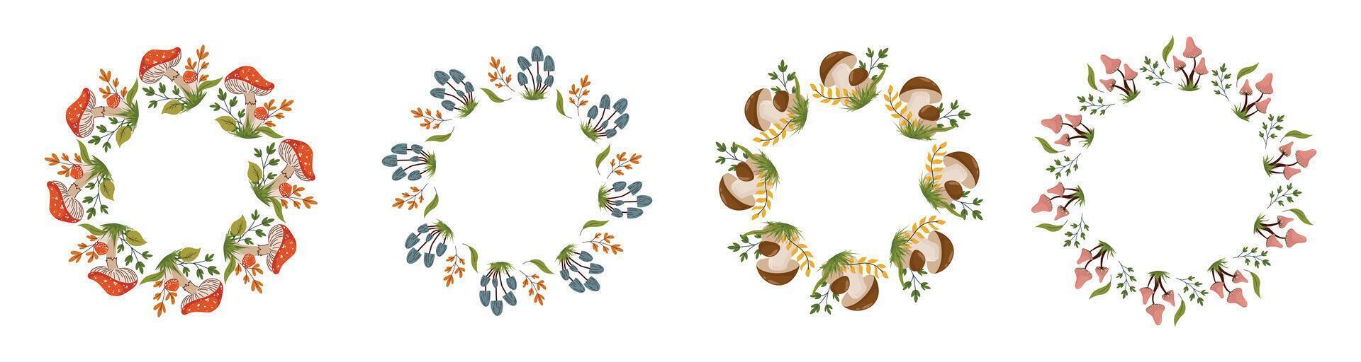 Set of four circular wreaths made of different forest mushrooms including fly agaric, boletus, and other wild fungi, combined with autumn leaves, grass, and greenery on white background vector