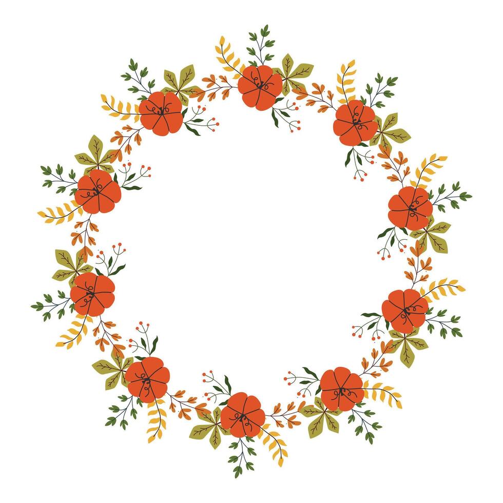 Fall Circle Frame with Orange Pumpkins and Foliage vector