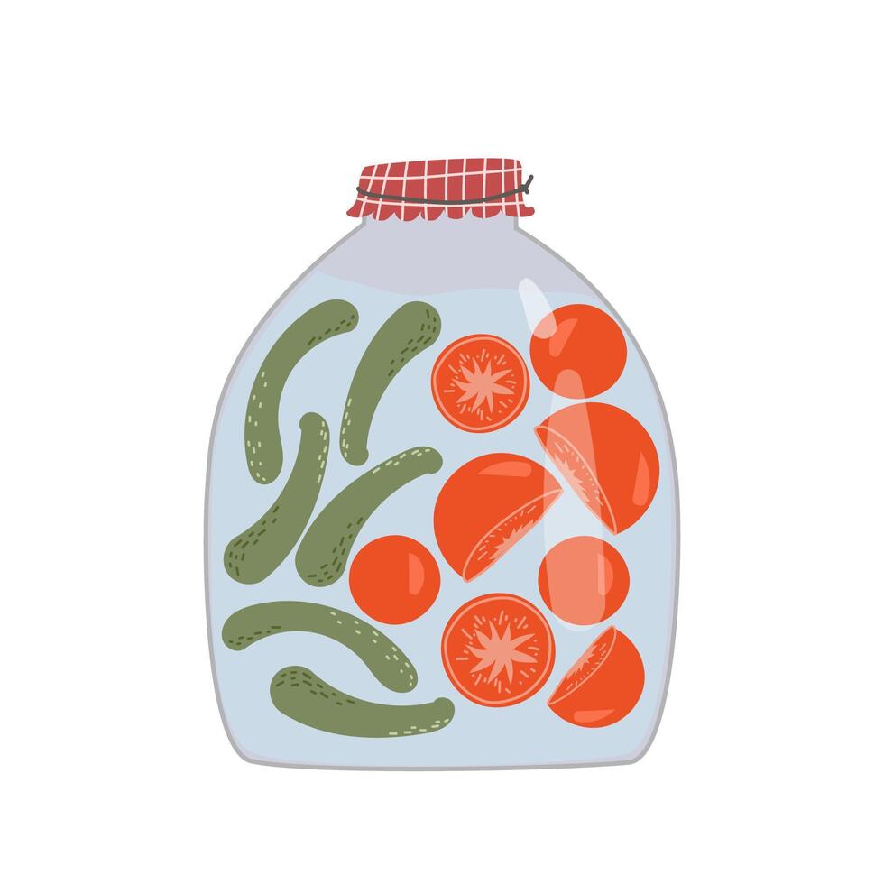 Preserved pickled homemade vegetables in jars, flat illustration isolated on white background. Pickled cucumbers and tomato for harvest storage and food preserves concept vector