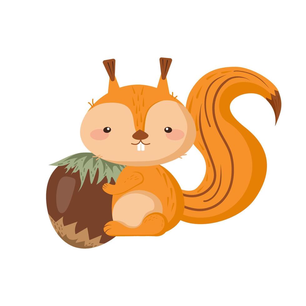 A cute squirrel holds a nut in its paws, illustration of an animal in a cartoon style vector