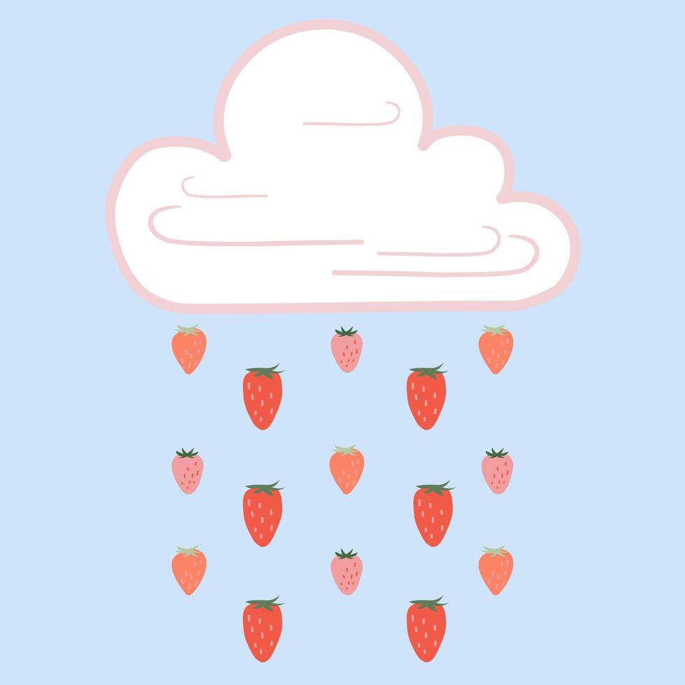 Summer illustration on a blue background, summer rain, clouds, strawberries vector