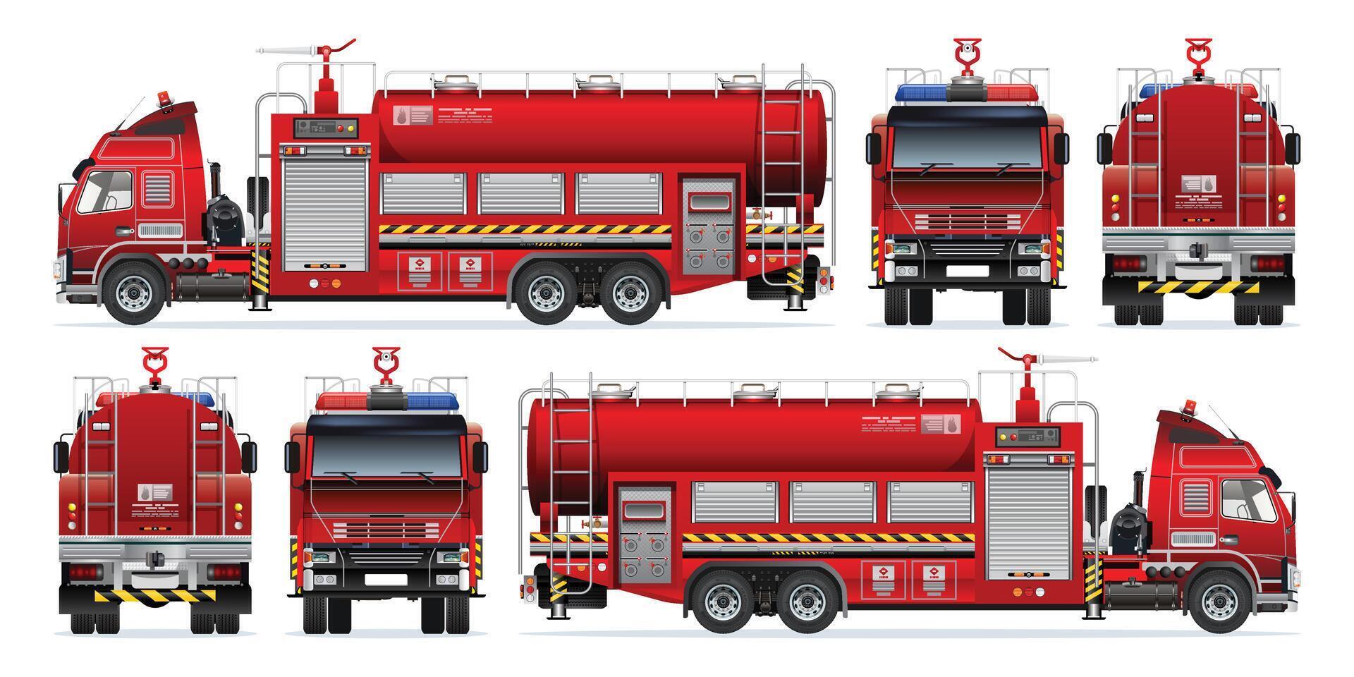 Red fire truck design with various views vector