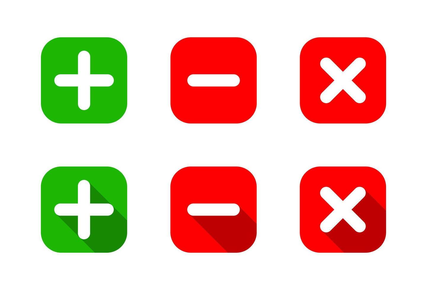 Add, remove, and delete icon in square. Plus, minus, and cross symbol with long shadow vector