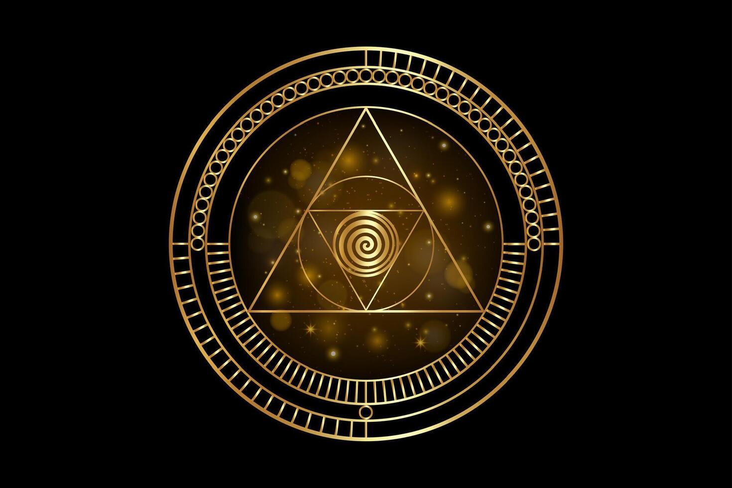 Gold Sacred Geometry, Geometric shapes Circles and triangles in golden proportion, Mystical logo design, luxury icon, masonic simbol, occult magic spiral, isoalted on black galaxy background vector