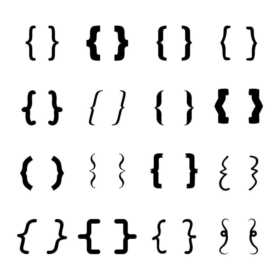 Set of Decorative Curly Brackets in Various Styles Illustration. This illustration features a diverse collection of curly brackets displayed in a grid layout. vector