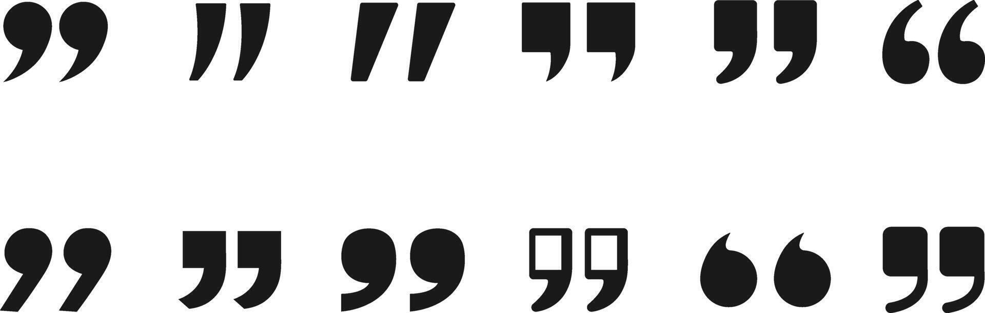 Quotation Mark Icon Set . Eight Minimalist Black Silhouettes Featuring Double and Single Quotes in Various Stylized Orientations for Writing and Communication Graphics on White Background vector