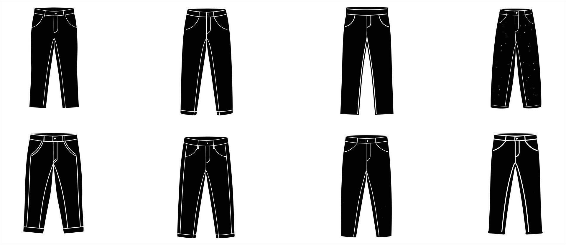 Eight Stylish Black Trousers A Collection of Modern Pant Designs for Men, Isolated on White Background vector