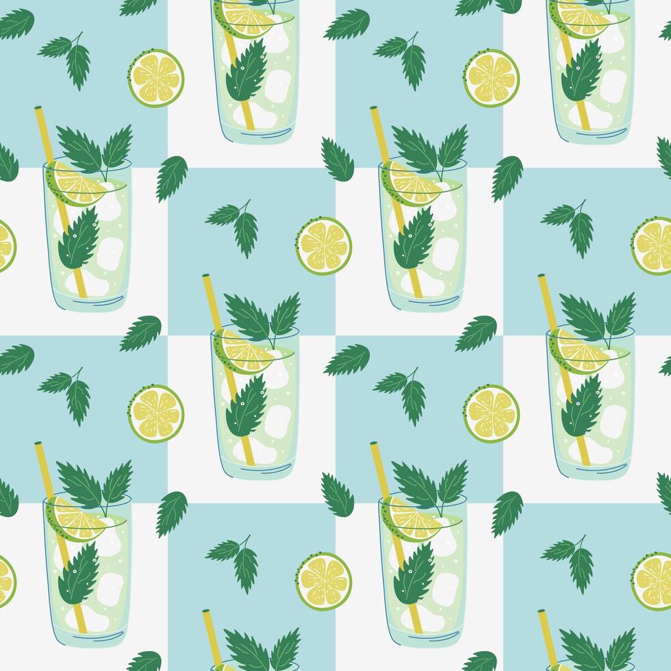 Mojito Cocktail seamless pattern. Geometric background with glass of refreshing drink and plants. Cool Summer lemonade or ice tea. Flat design hand drawn illustration. vector