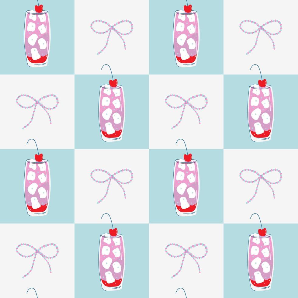 Dirty Shirley Cocktail seamless pattern. Geometric retro background with glass of refreshing drink and bow. Flat design hand drawn illustration. vector