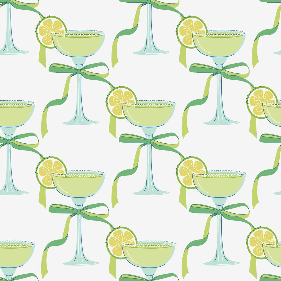 Margarita Cocktail seamless pattern. Geometric retro background with elegant glass of alcohol drink with bow. Flat design hand drawn illustration. vector