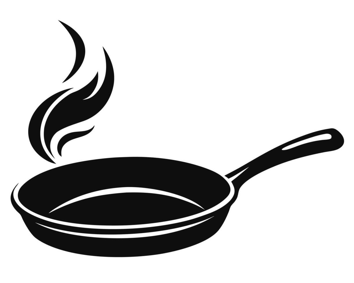 Black and white illustration of a hot cooking frying pan with stylized steam rising. vector