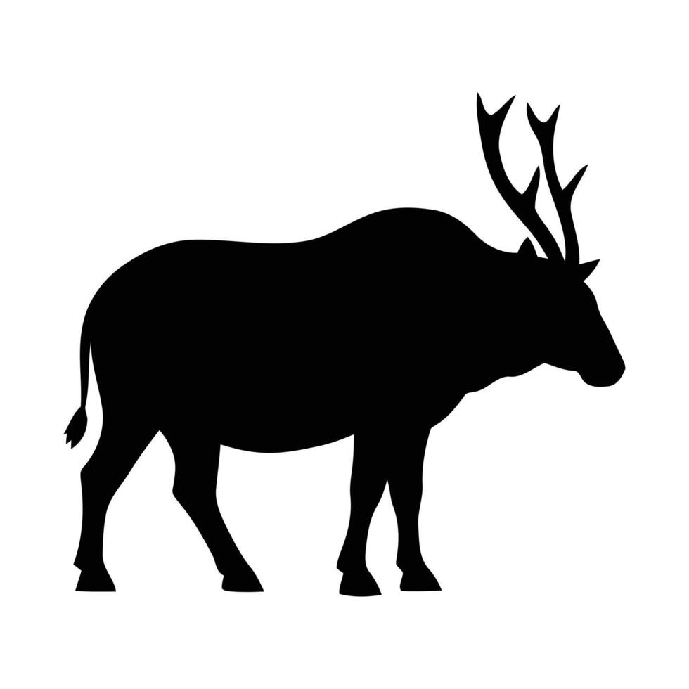 A striking black silhouette of a majestic elk with impressive antlers standing proudly against a clean white background. vector