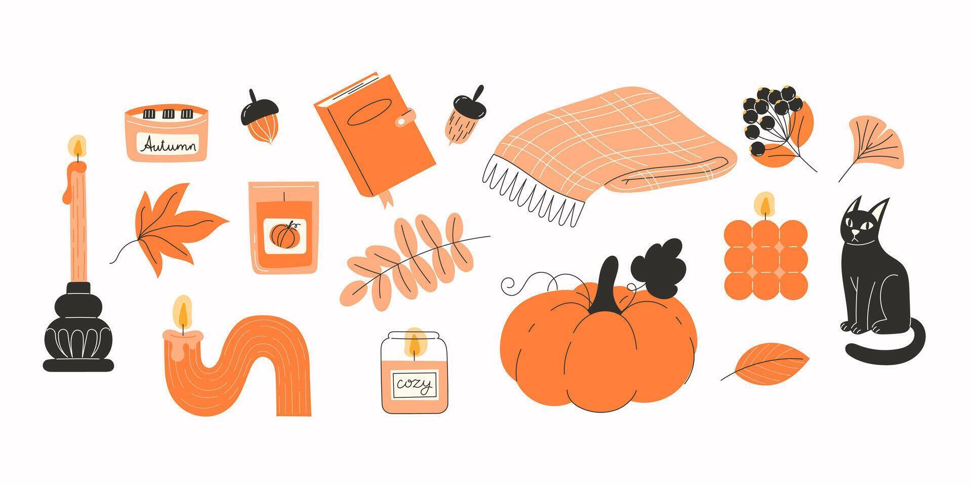 Seamless set of Autumn Scented Candles and Fall Leaves in Flat Style vector